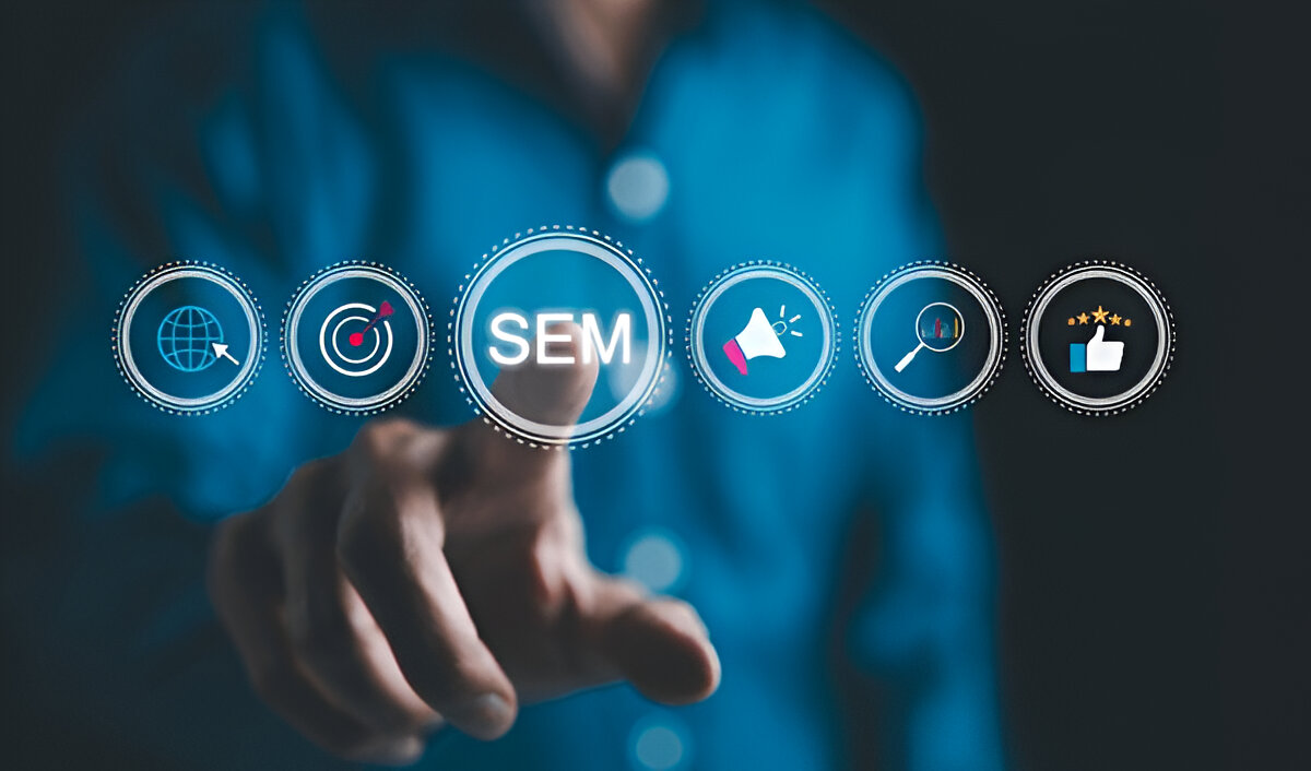 SEM illustration showing marketing, links, content, search and ranking flow